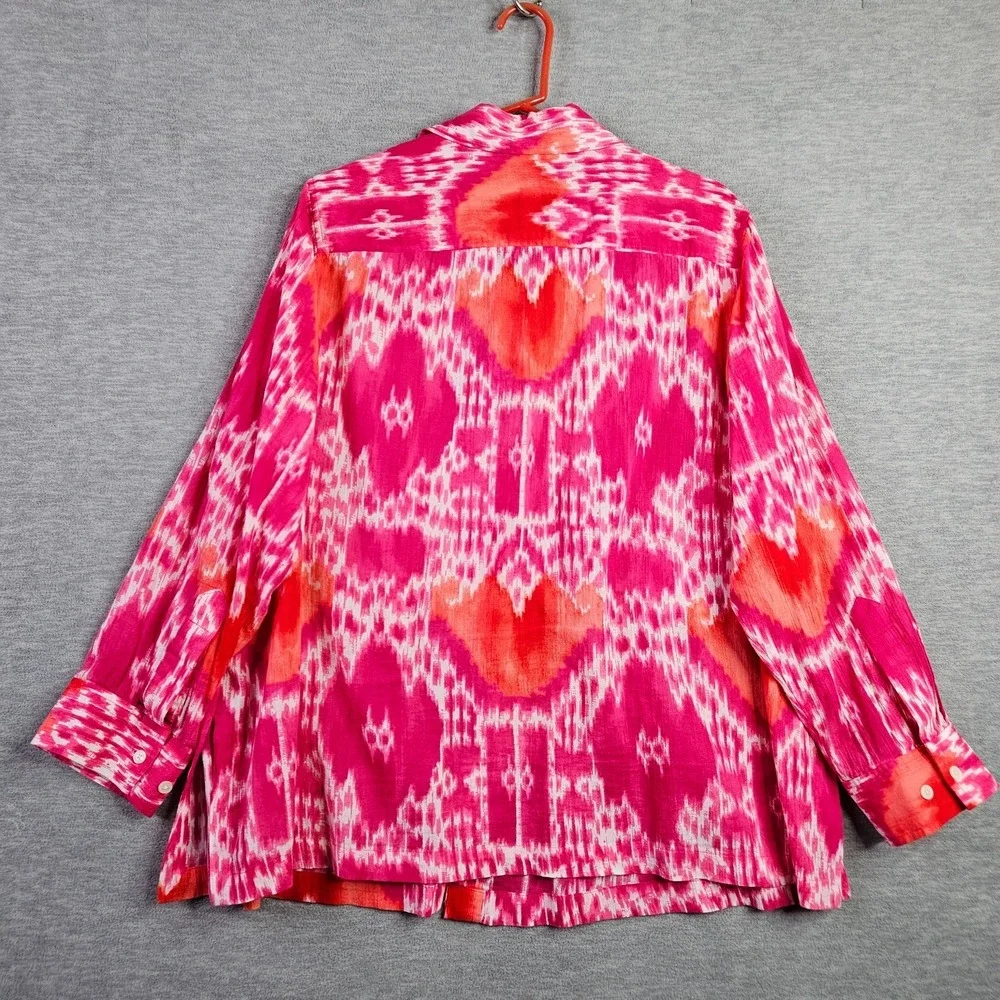 Jones New York Woman Women's 2X Pink Orange Ikat Print Button Front Shirt
